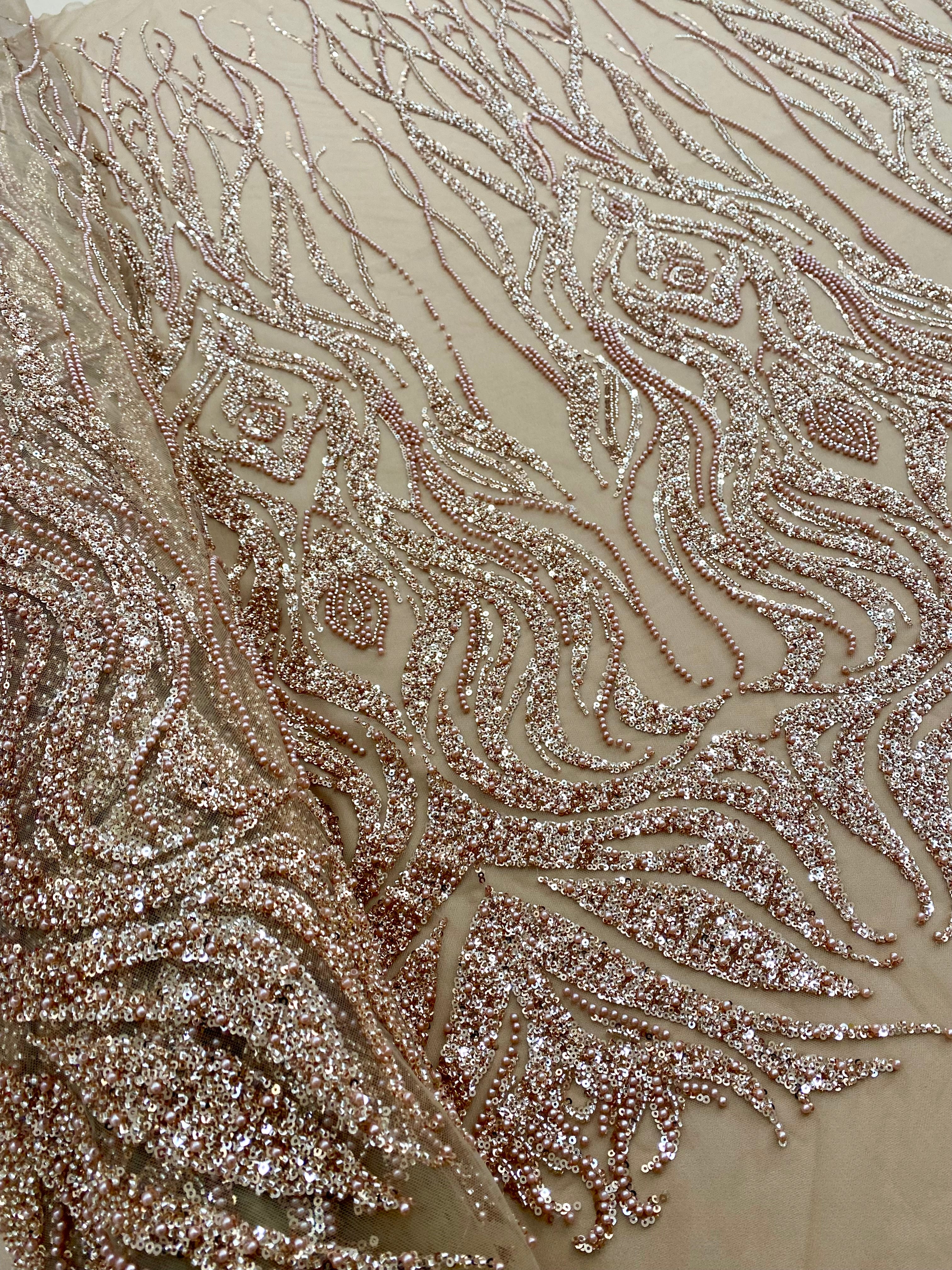 Dantela Couture Auriu Rose cu Model Geometric, cu Perle, Margele si Paiete