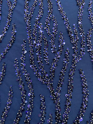 Dantela Couture Bleumarin cu Siraguri, cu Margele si Paiete