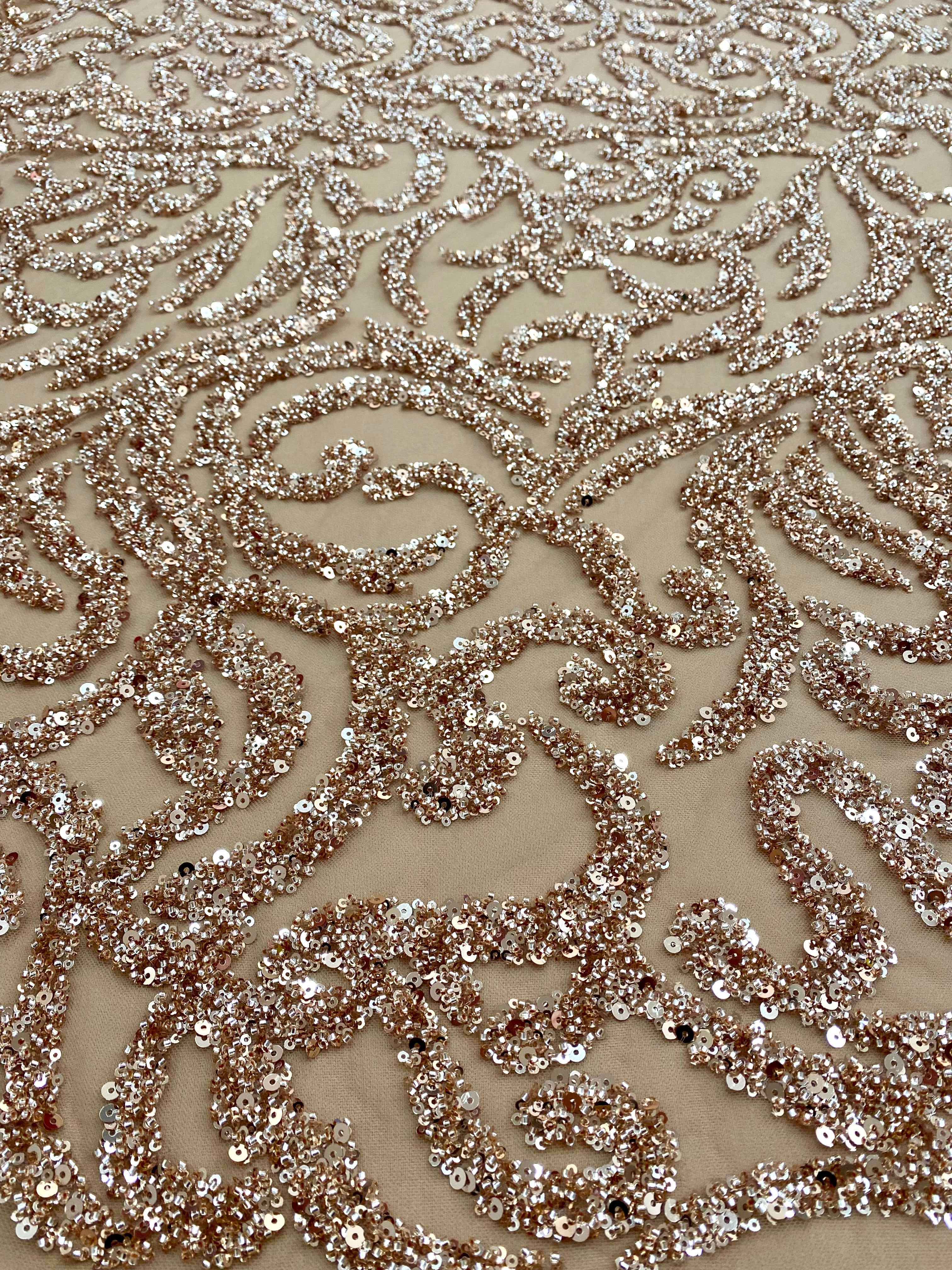Dantela Couture Auriu Rose cu Model Geometric, cu Margele si Paiete