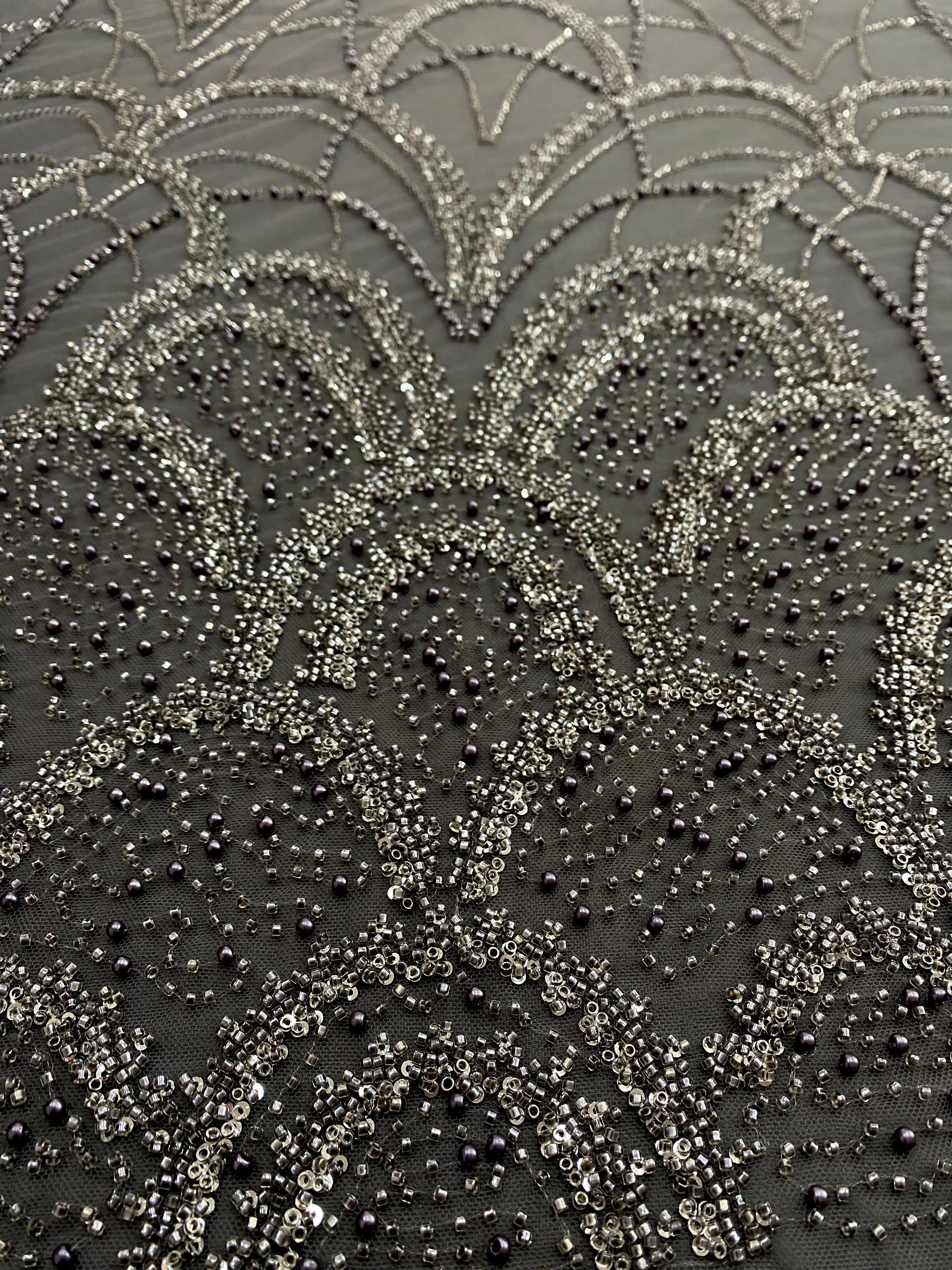 Dantela Couture Gri Antracit cu Model Geometric, cu Perle, Margele si Paiete