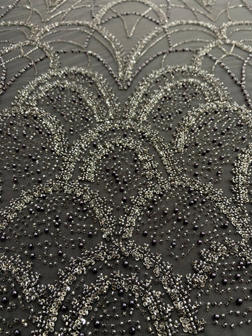 Dantela Couture Gri Antracit cu Model Geometric, cu Perle, Margele si Paiete