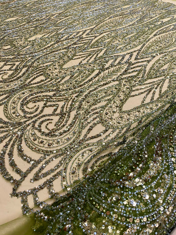 Dantela Couture Olive geometriai mintával, gyöngyökkel, gyöngyökkel és flitterekkel