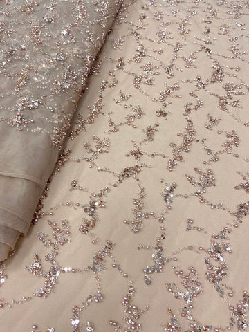 Dantela Couture Auriu Rose cu Perle, Margele si Paiete