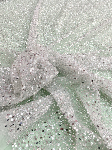 Dantela Couture Argintie pe Tulle Verde Menta cu Model General, cu Margele si Paiete
