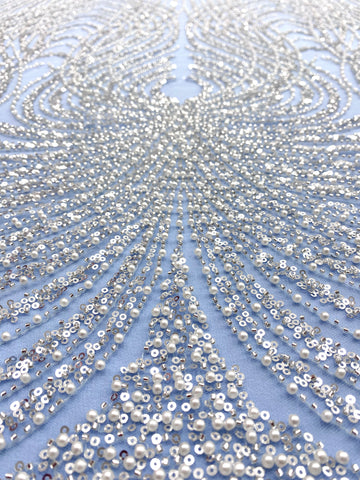 Ezüst Couture Csipke Baby Blue Tüll Panellel, Gyöngyökkel, Gyöngyökkel és Flitterekkel