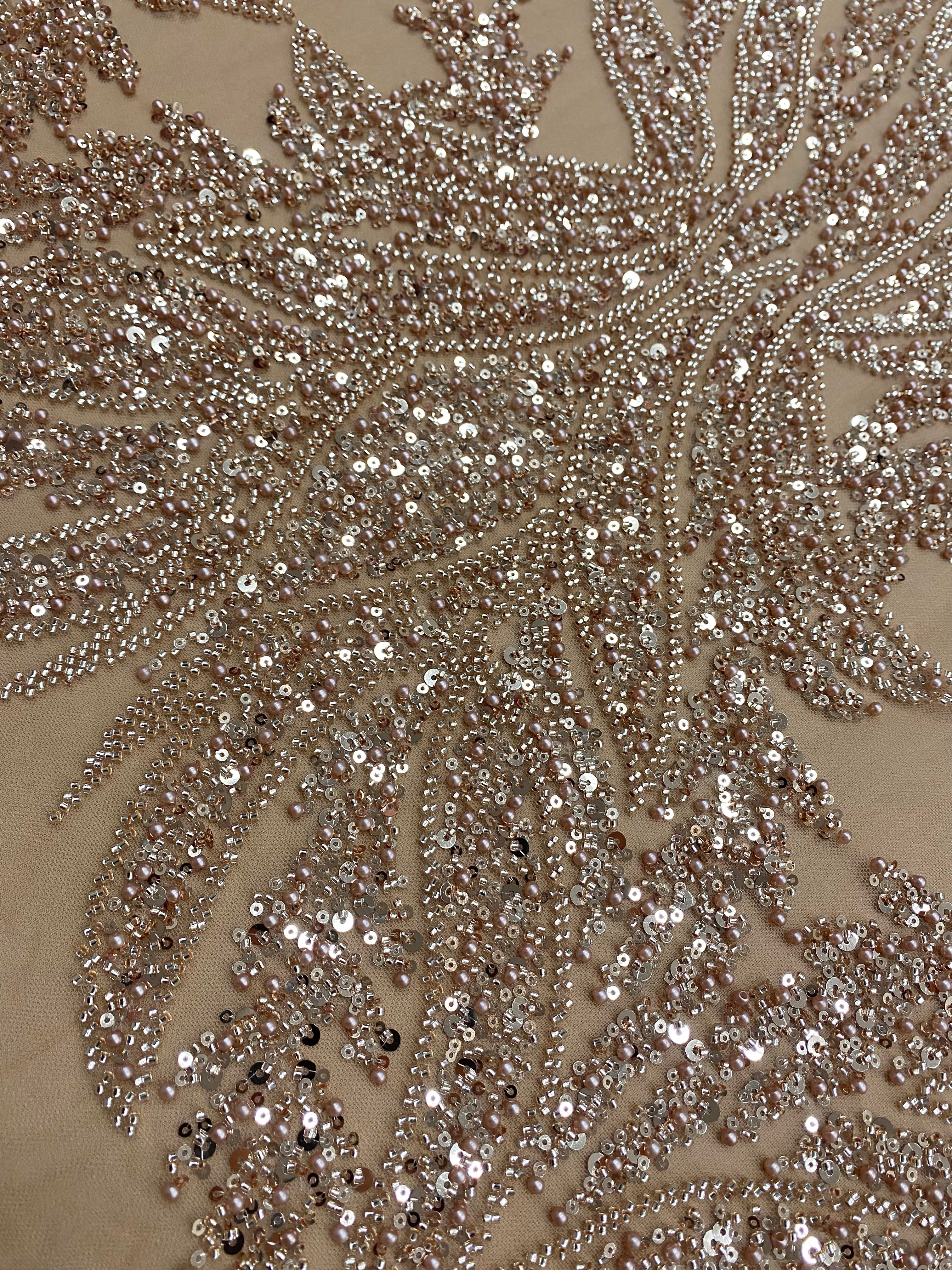 Dantela Couture Auriu Rose cu Panou, cu Perle, Margele si Paiete