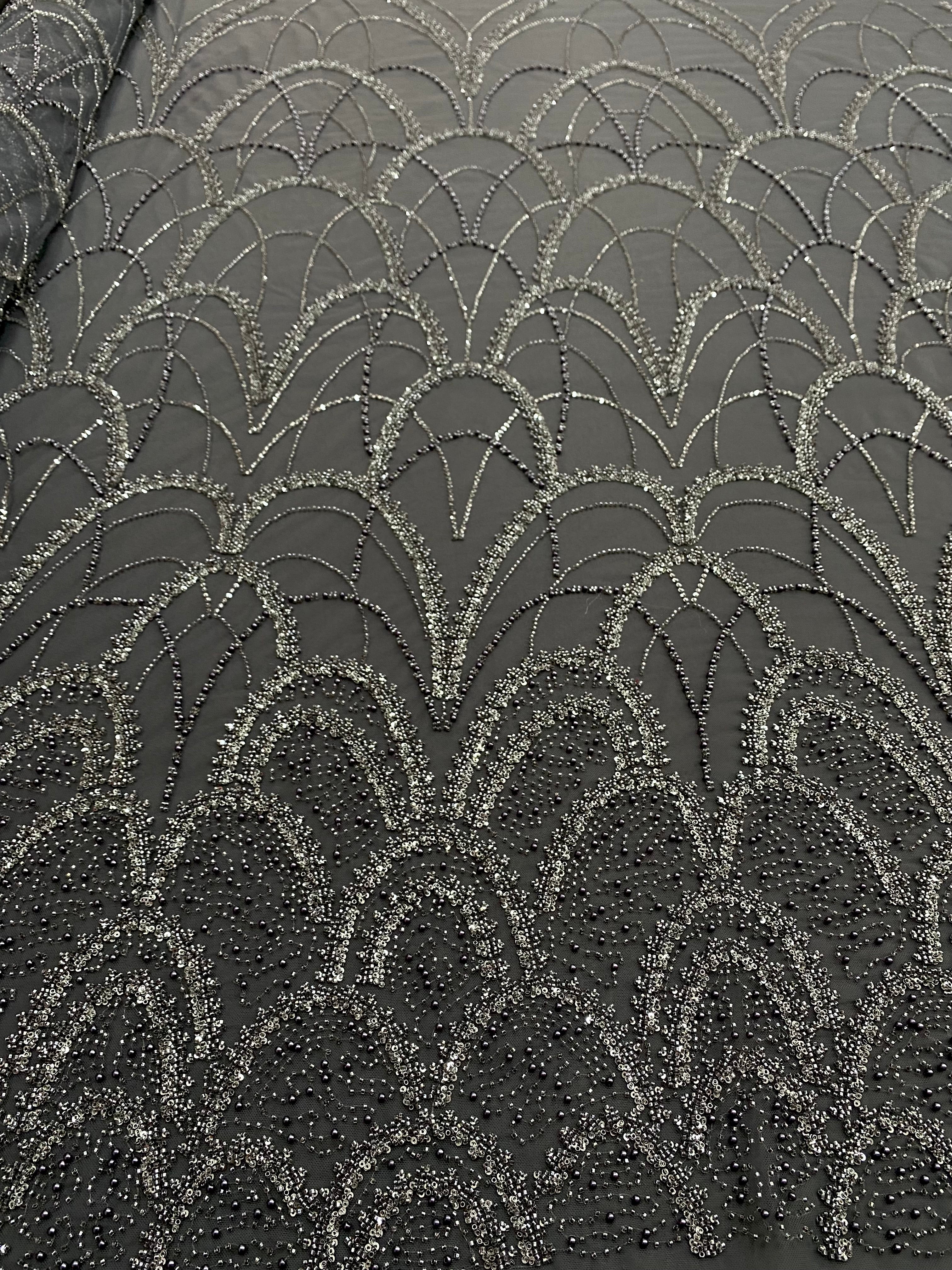 Dantela Couture Gri Antracit cu Model Geometric, cu Perle, Margele si Paiete
