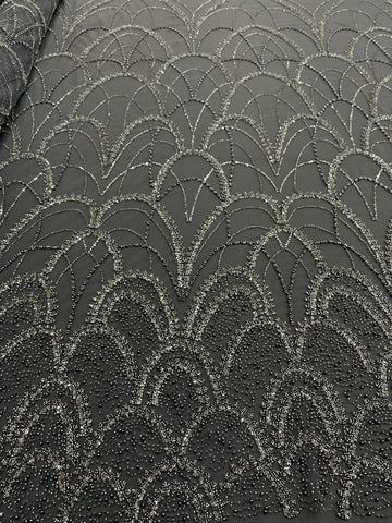 Dantela Couture Gri Antracit cu Model Geometric, cu Perle, Margele si Paiete