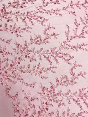 Dantela Couture Roz cu Model Floral, cu Margele si Paiete