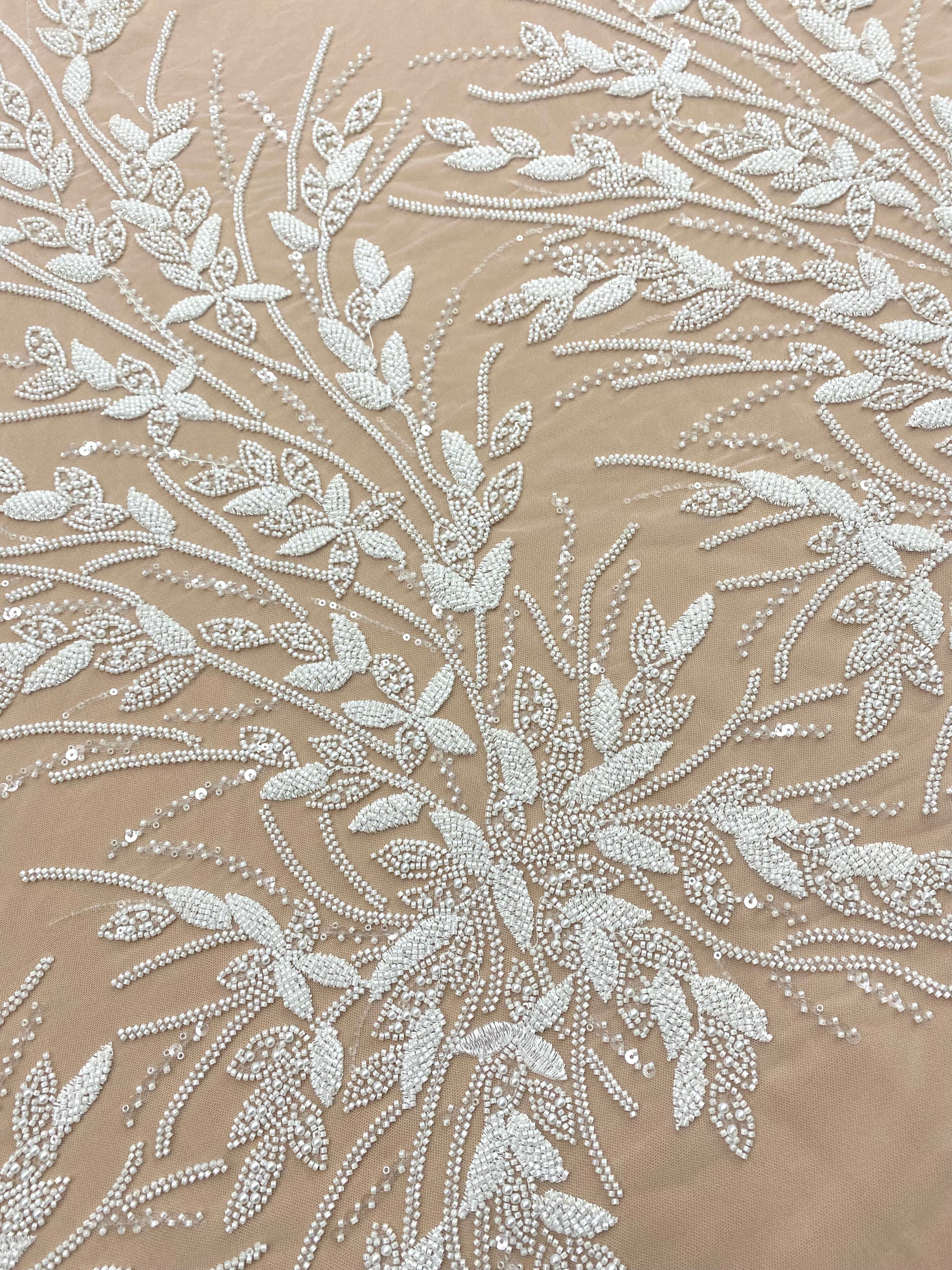 Dantela Couture Ivory cu Model Floral, Perle, Margele si Paiete