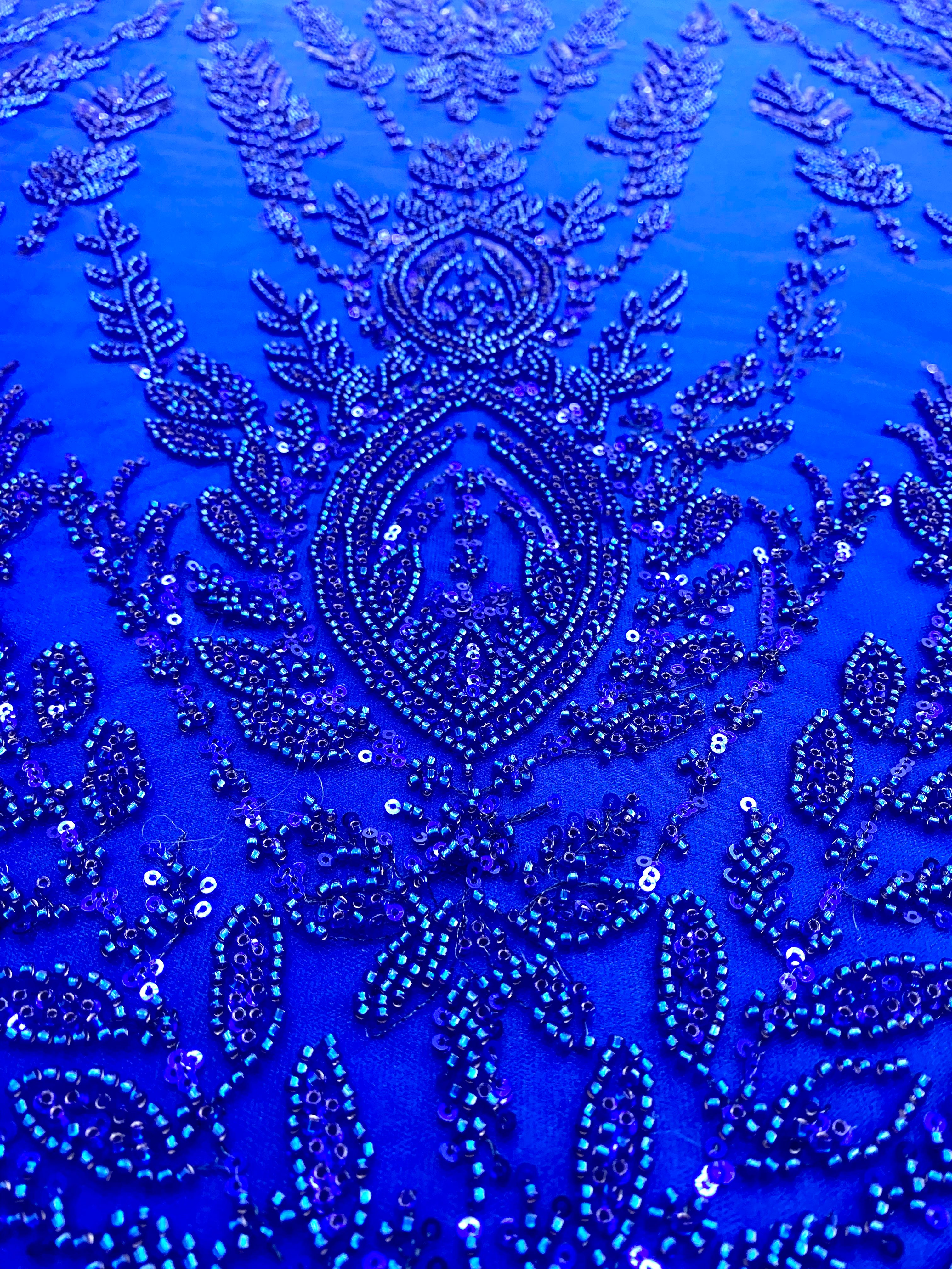 Dantela Couture Albastru Royal cu Model Simetric, cu Margele si Paiete