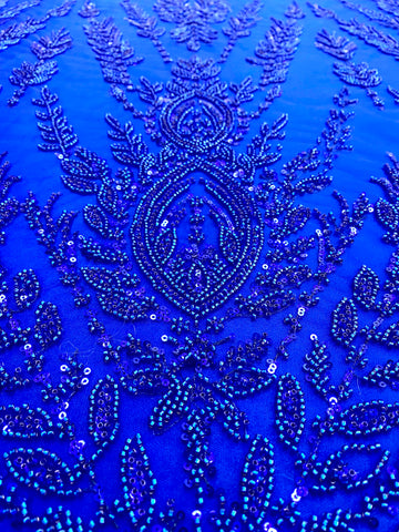 Dantela Couture Albastru Royal cu Model Simetric, cu Margele si Paiete
