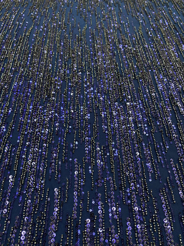 Dantela Couture Bleumarin cu Model Liniar, cu Margele si Paiete