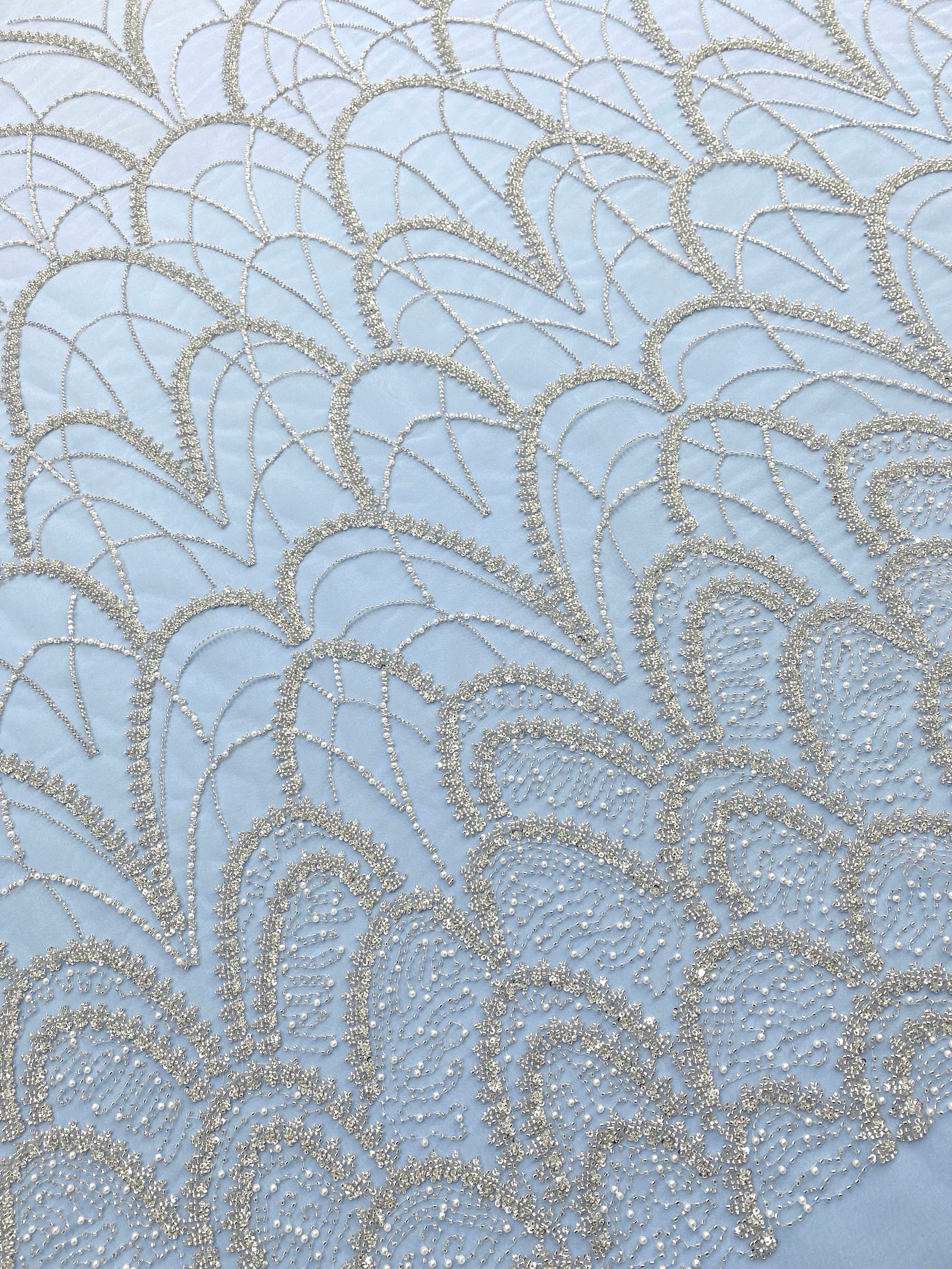 Dantela Couture Argintie cu Tulle Baby Blue cu Model Geometric, cu Perle, Margele Si Paiete