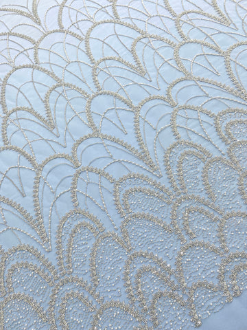 Dantela Couture Argintie cu Tulle Baby Blue cu Model Geometric, cu Perle, Margele Si Paiete