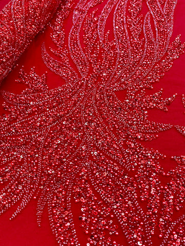 Piros Couture csipke geometriai mintával, gyöngyökkel, gyöngyöcskékkel és flitterekkel