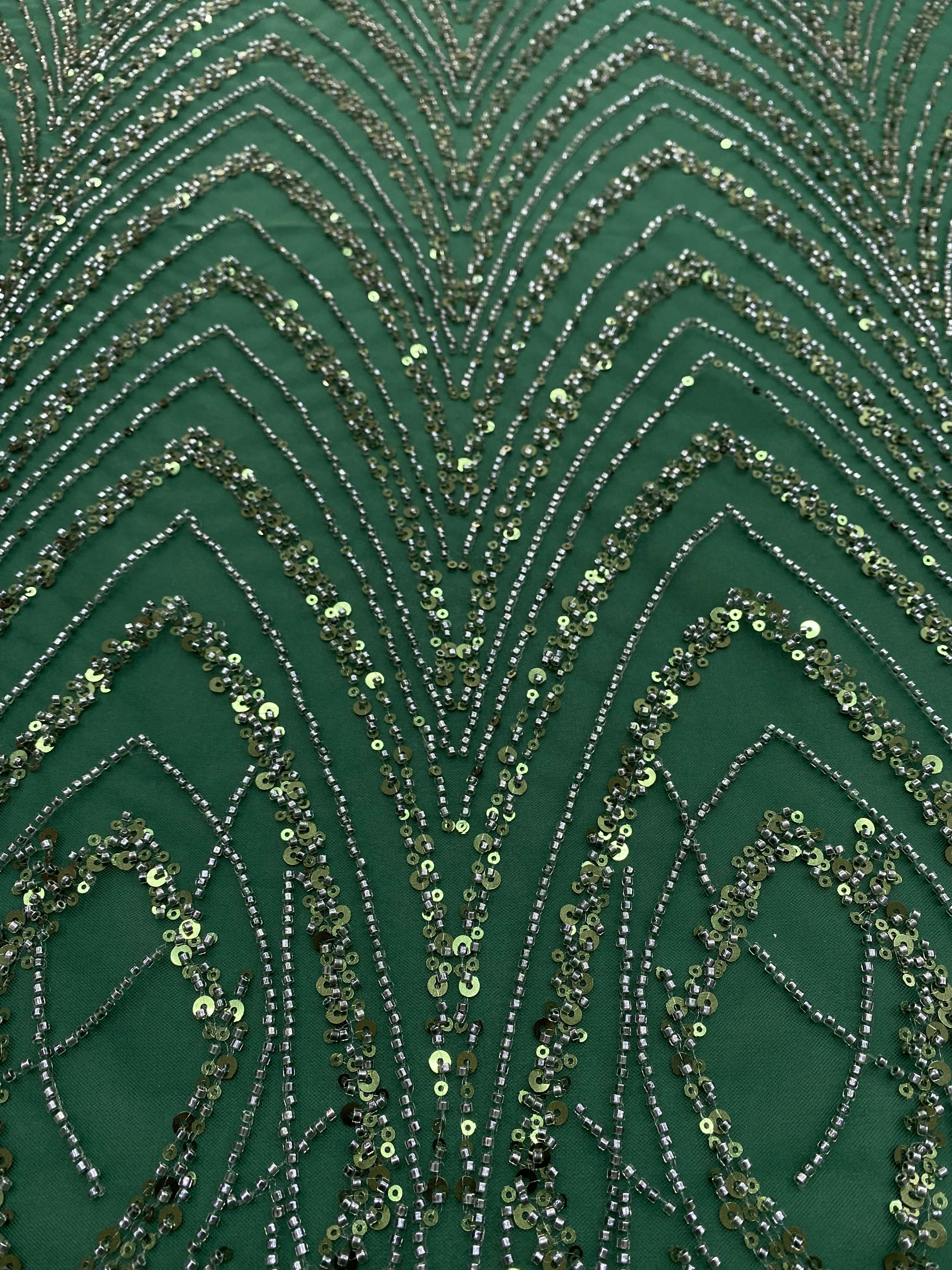 Dantela Couture Verde Smarald cu Model Geometric cu Margele si Paiete