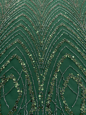 Dantela Couture Verde Smarald cu Model Geometric cu Margele si Paiete