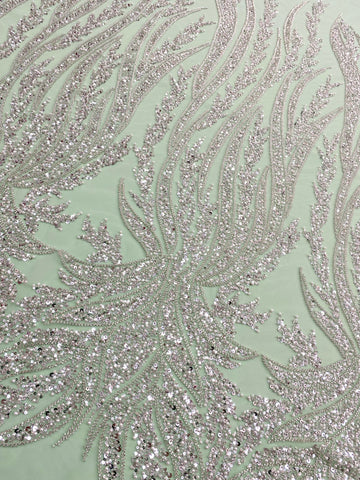 Dantela Couture Argintie pe Tulle Verde Menta cu Panou, cu Perle, Margele si Paiete