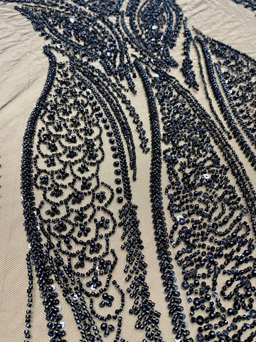 Dantela Couture Neagra cu Panou, cu Perle, Margele si Paiete