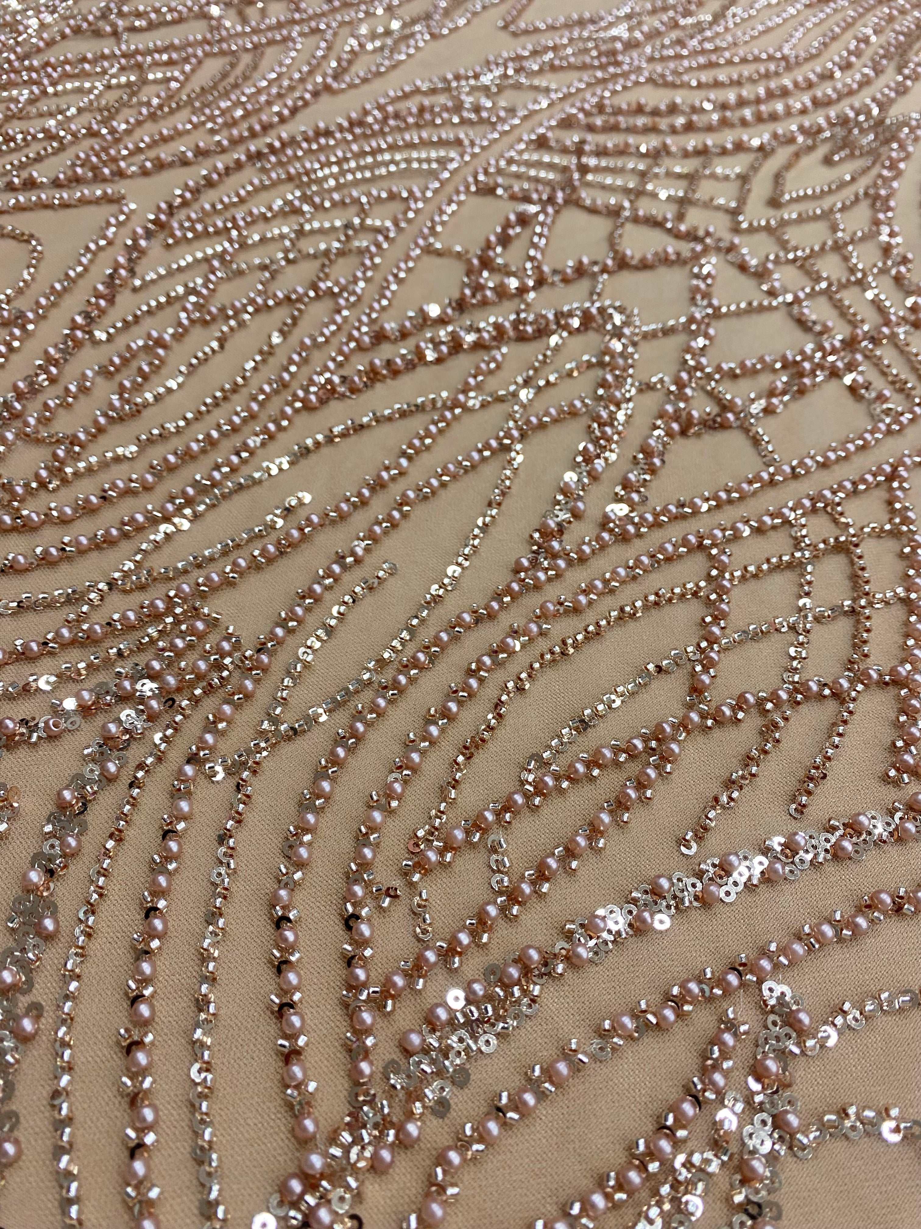 Dantela Couture Auriu Rose cu Perle, Margele si Paiete