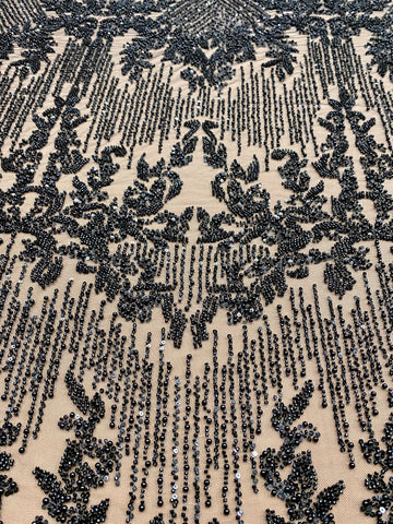 Dantela Couture Neagra cu Model Geometric, cu Perle, Margele si Paiete