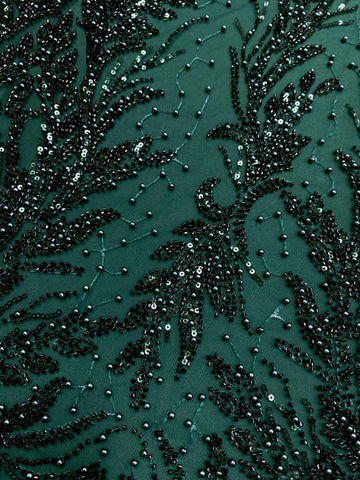 Dantela Couture Verde Inchis cu Model Simetric, cu Perle, Margele si Paiete