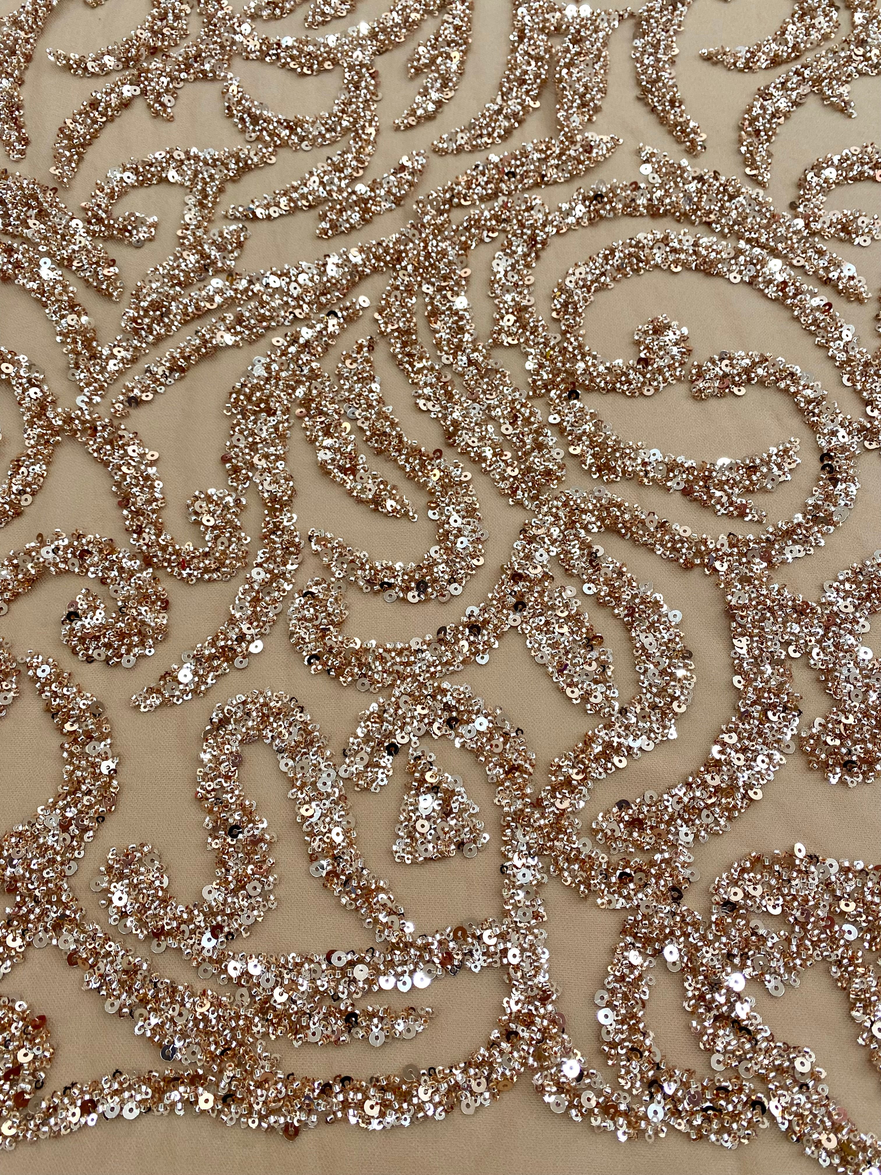 Dantela Couture Auriu Rose cu Model Geometric, cu Margele si Paiete