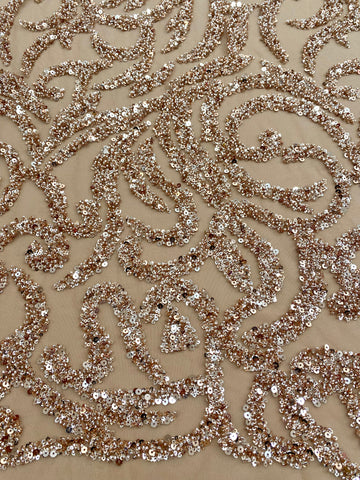Dantela Couture Auriu Rose cu Model Geometric, cu Margele si Paiete