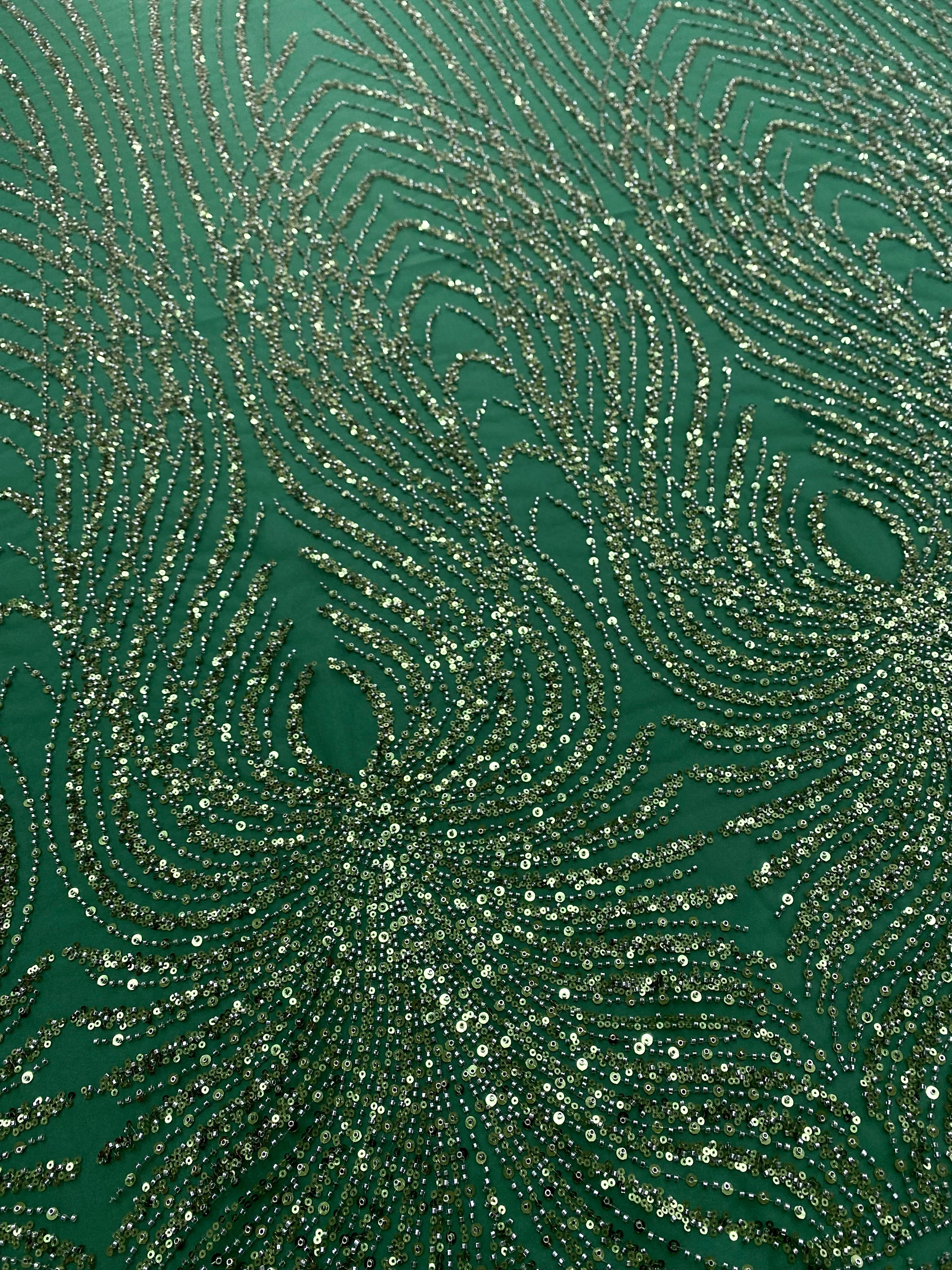 Dantela Couture Verde Smarald cu Panou, cu Margele si Paiete