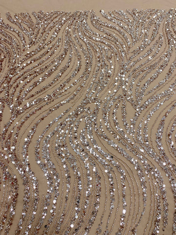Dantela Couture Auriu Rose cu Model Liniar, cu Margele si Paiete