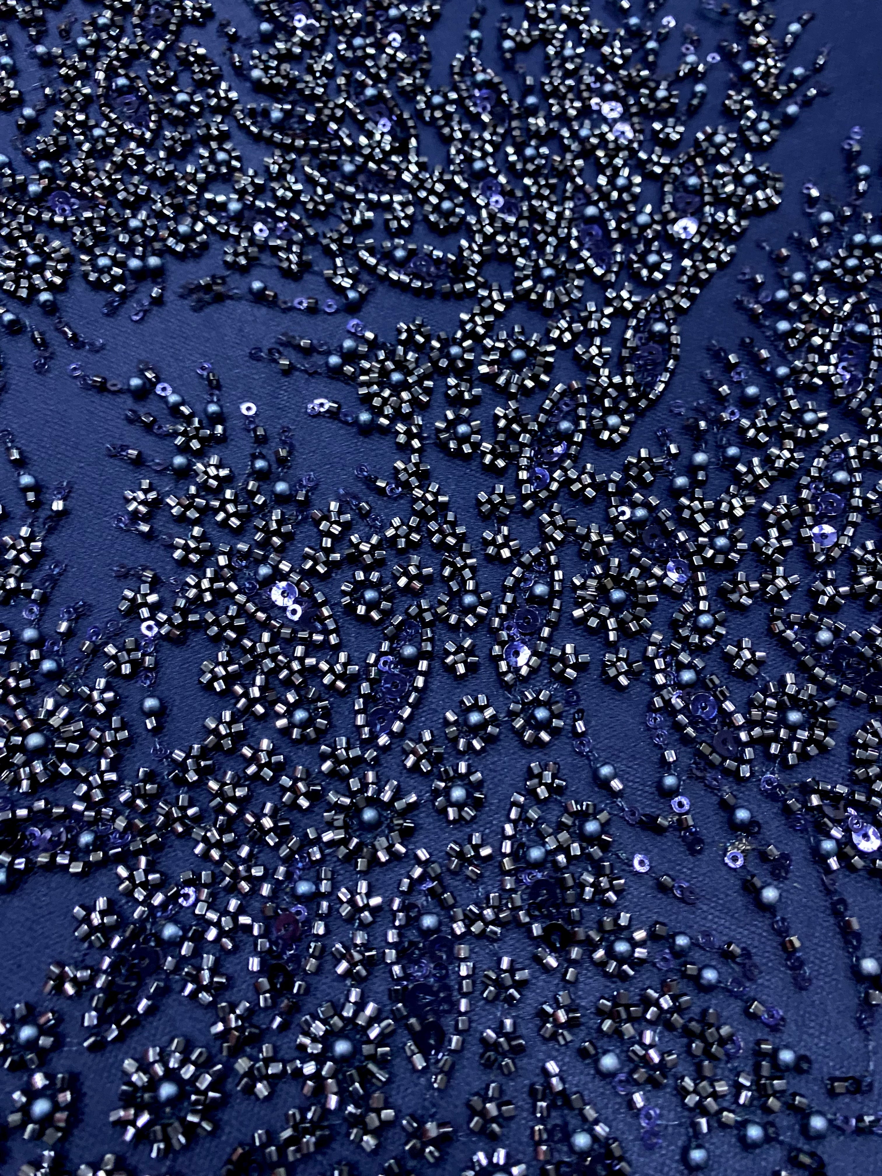 Dantela Couture Bleumarin cu Panou, cu Perle, Margele si Paiete