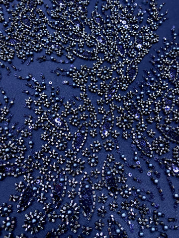 Dantela Couture Bleumarin cu Panou, cu Perle, Margele si Paiete