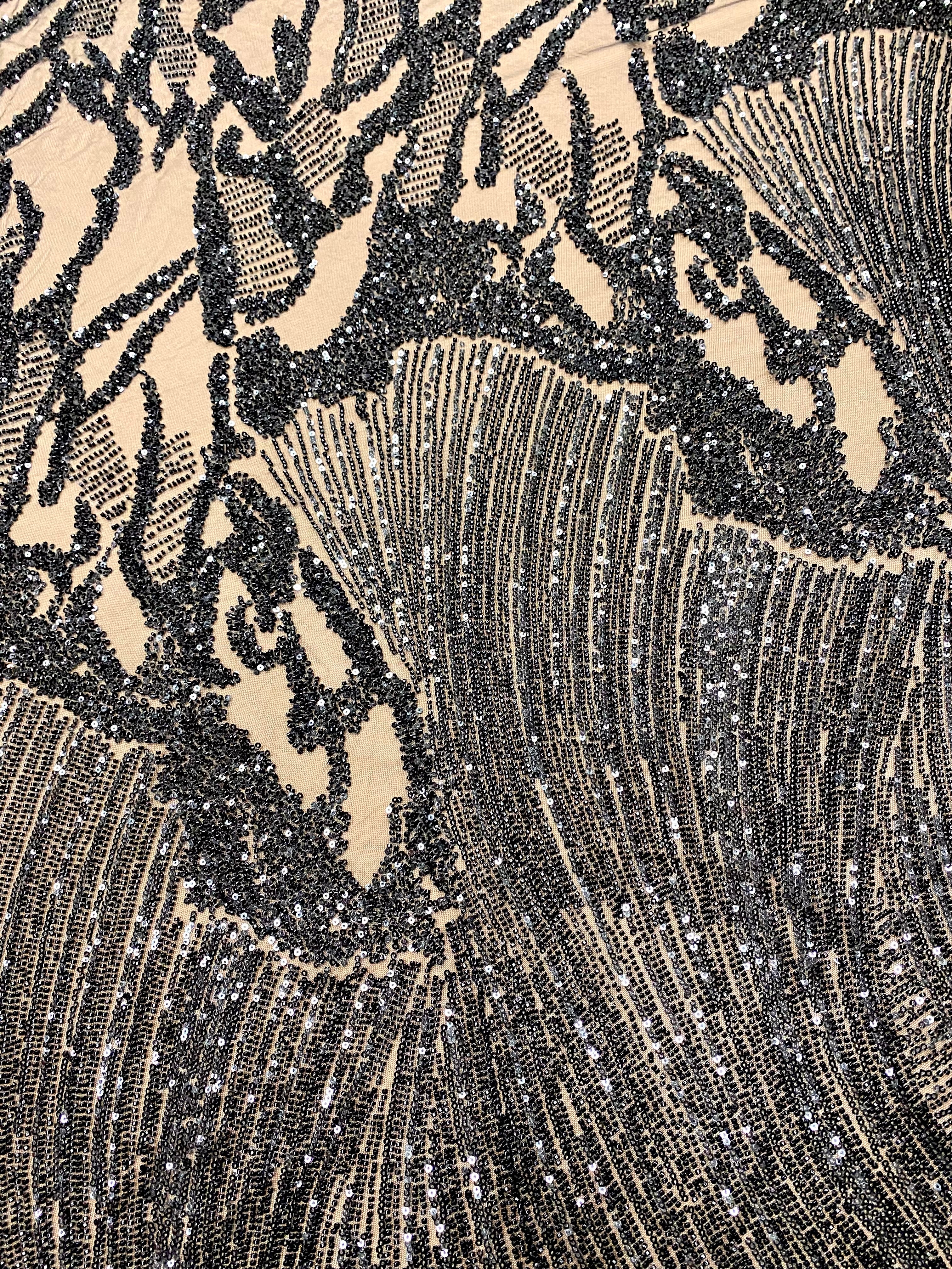 Dantela Couture Neagra cu Model Geometric, cu Margele si Paiete