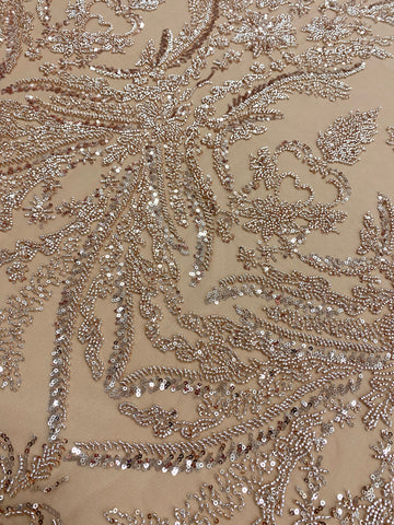 Csipke Couture Arany Rózsa Virágmintával, Gyöngyökkel és Flitterekkel