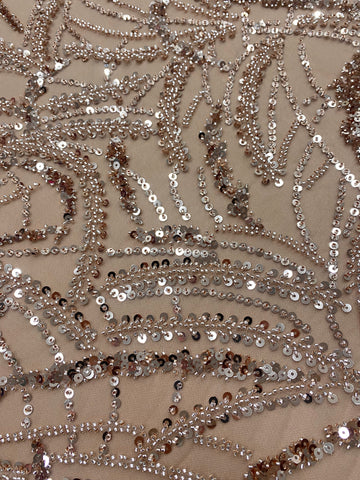 Dantela Couture Auriu Rose cu Model Geometric, Margele si Paiete
