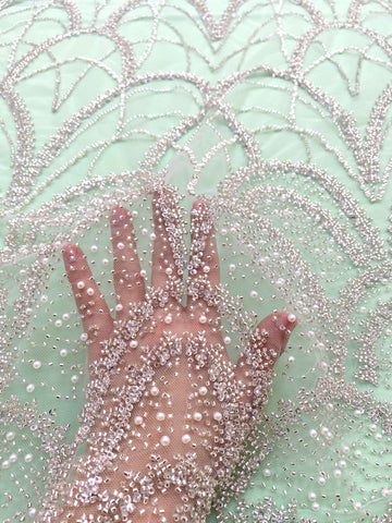 Dantela Couture Argintie pe Tulle Verde Menta cu Model Geometric, cu Perle, Margele si Paiete