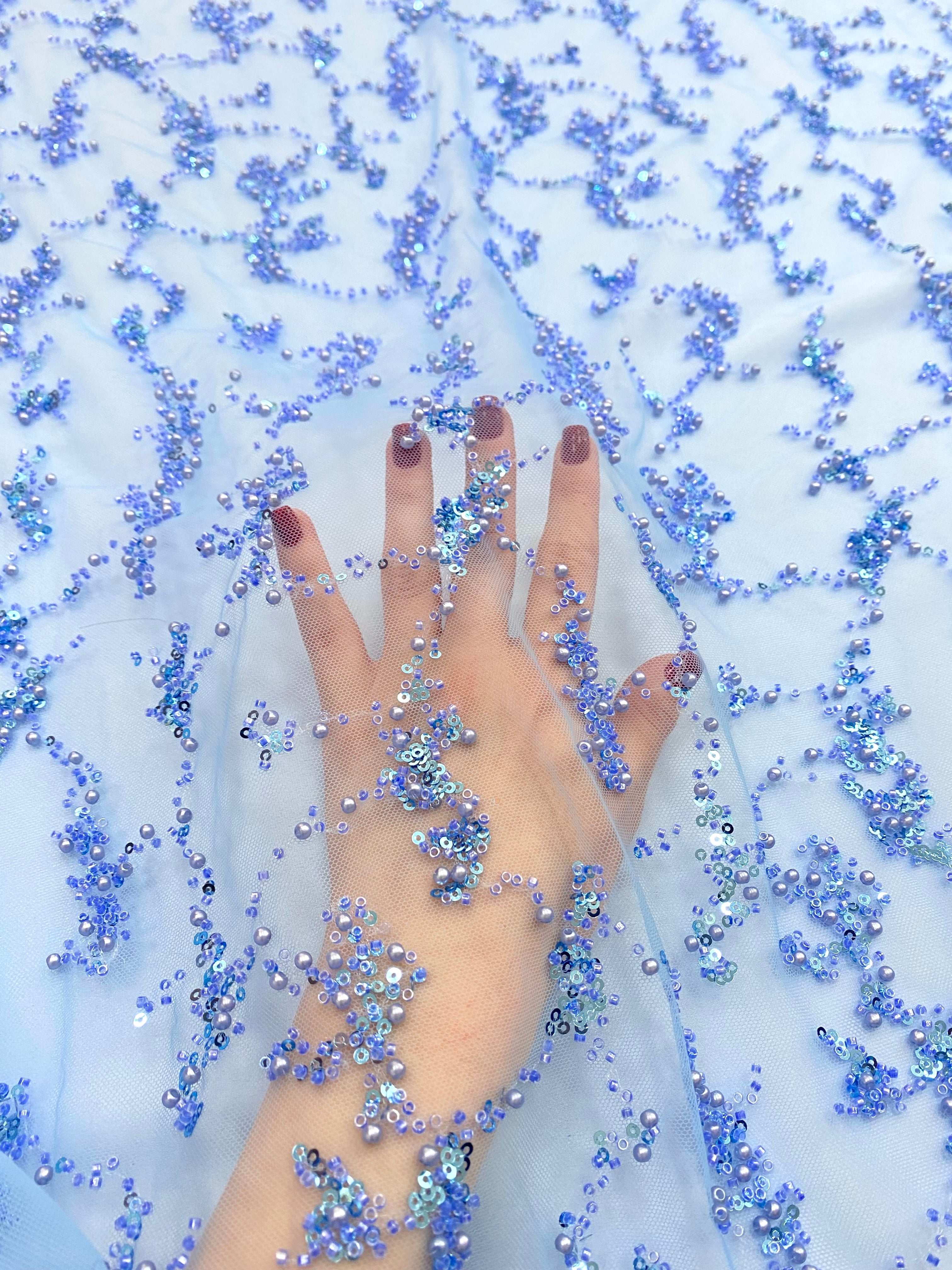 Dantela Couture Sky Blue cu Perle, Margele si Paiete