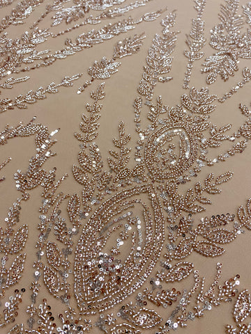 Dantela Couture Auriu Rose cu Model Simetric, cu Margele si Paiete
