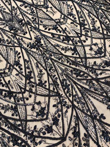 Dantela Couture Neagra cu Model Geometric, cu Perle, Margele si Paiete