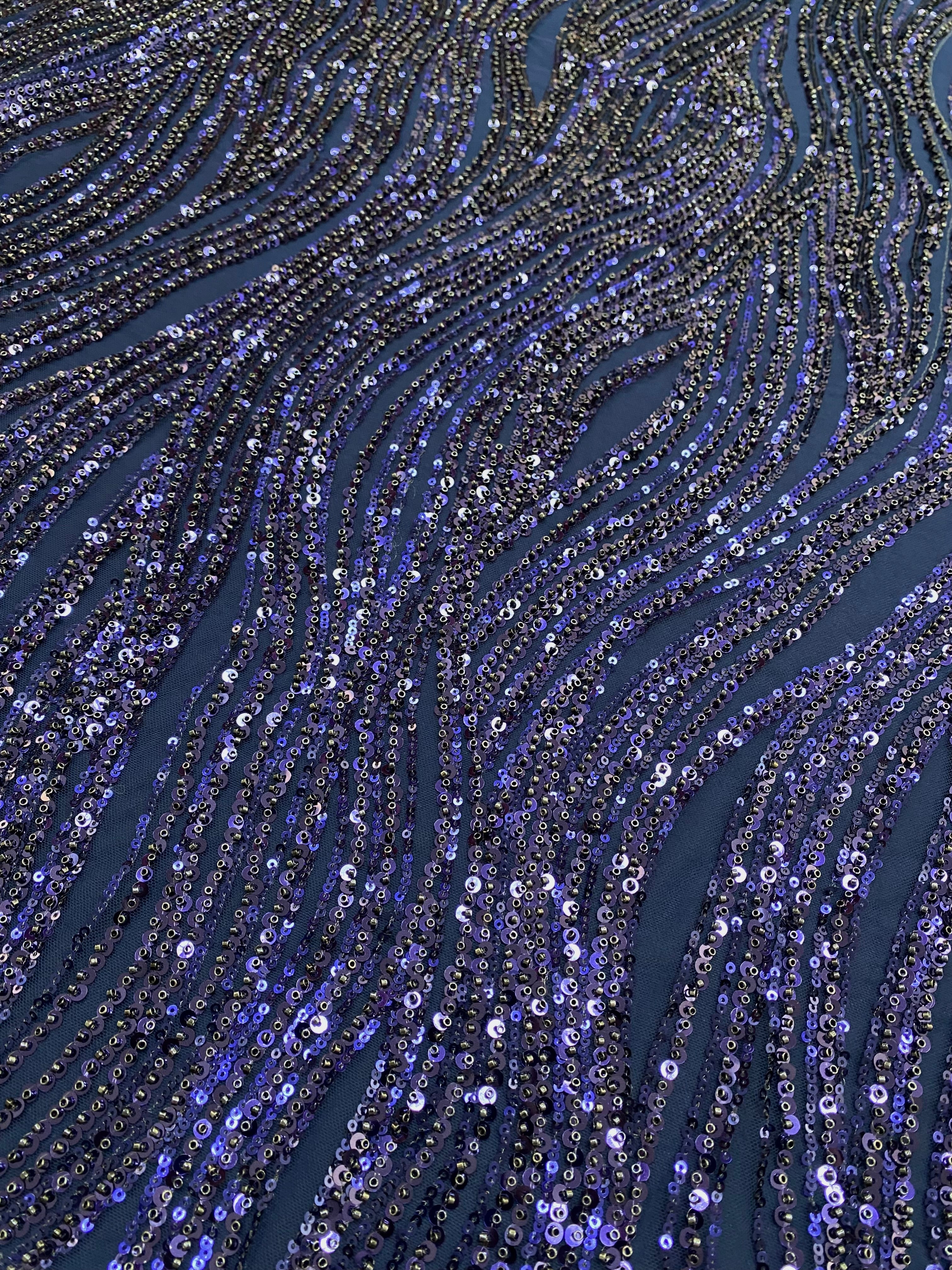 Dantela Couture Bleumarin cu Model Liniar, cu Margele si Paiete