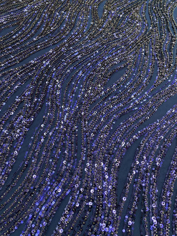 Dantela Couture Bleumarin cu Model Liniar, cu Margele si Paiete