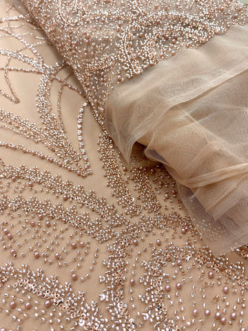 Dantela Couture Auriu Rose cu Model Geometric, cu Perle, Margele si Paiete