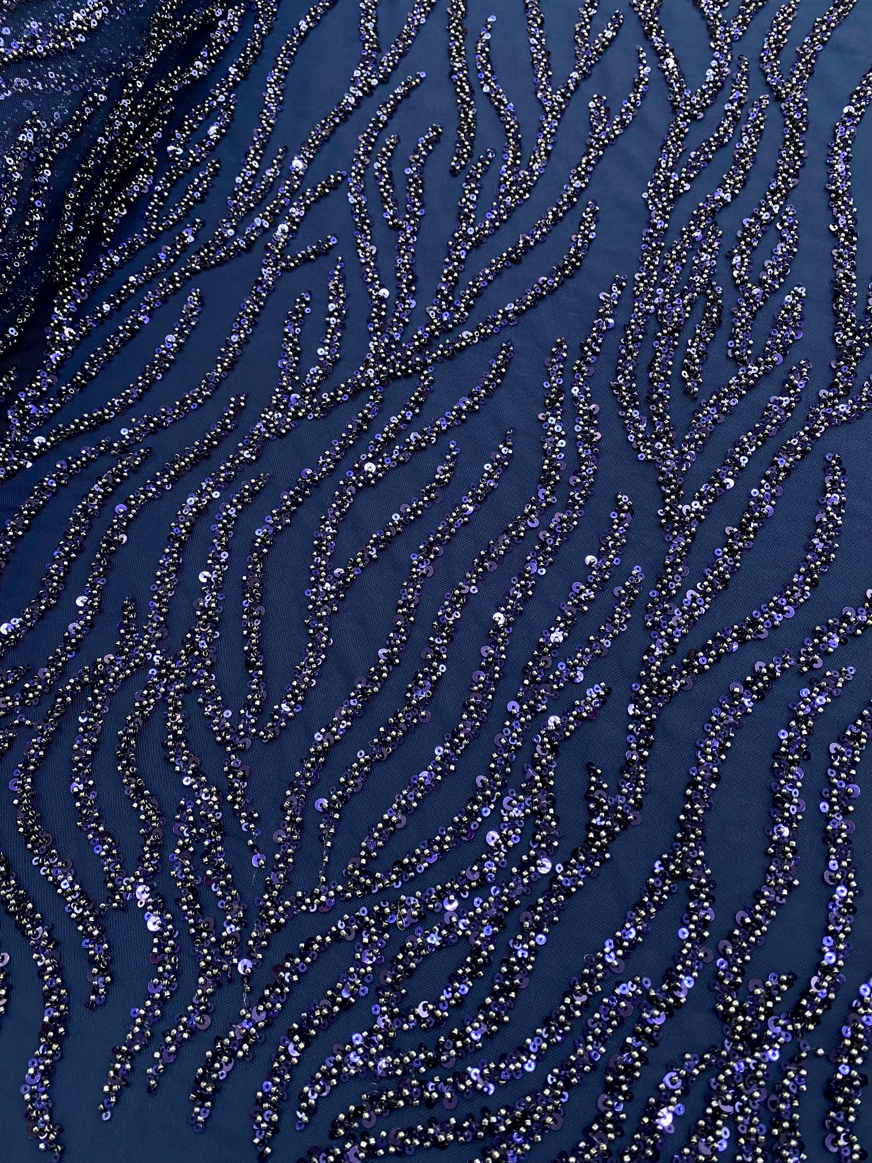 Dantela Couture Bleumarin cu Siraguri, cu Margele si Paiete