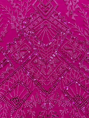 Dantela Couture Fucsia cu Model Geometric, cu Margele si Paiete