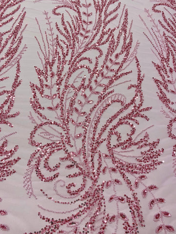 Dantela Couture Roz cu Model Floral, cu Margele si Paiete