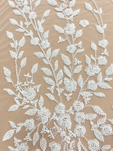 Dantela Couture Ivory cu Model Floral, Perle, Margele si Paiete