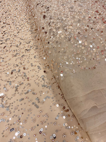 Csipke Couture arany rózsaszín átmenetes, gyöngyökkel, gyöngyökkel és flitterekkel