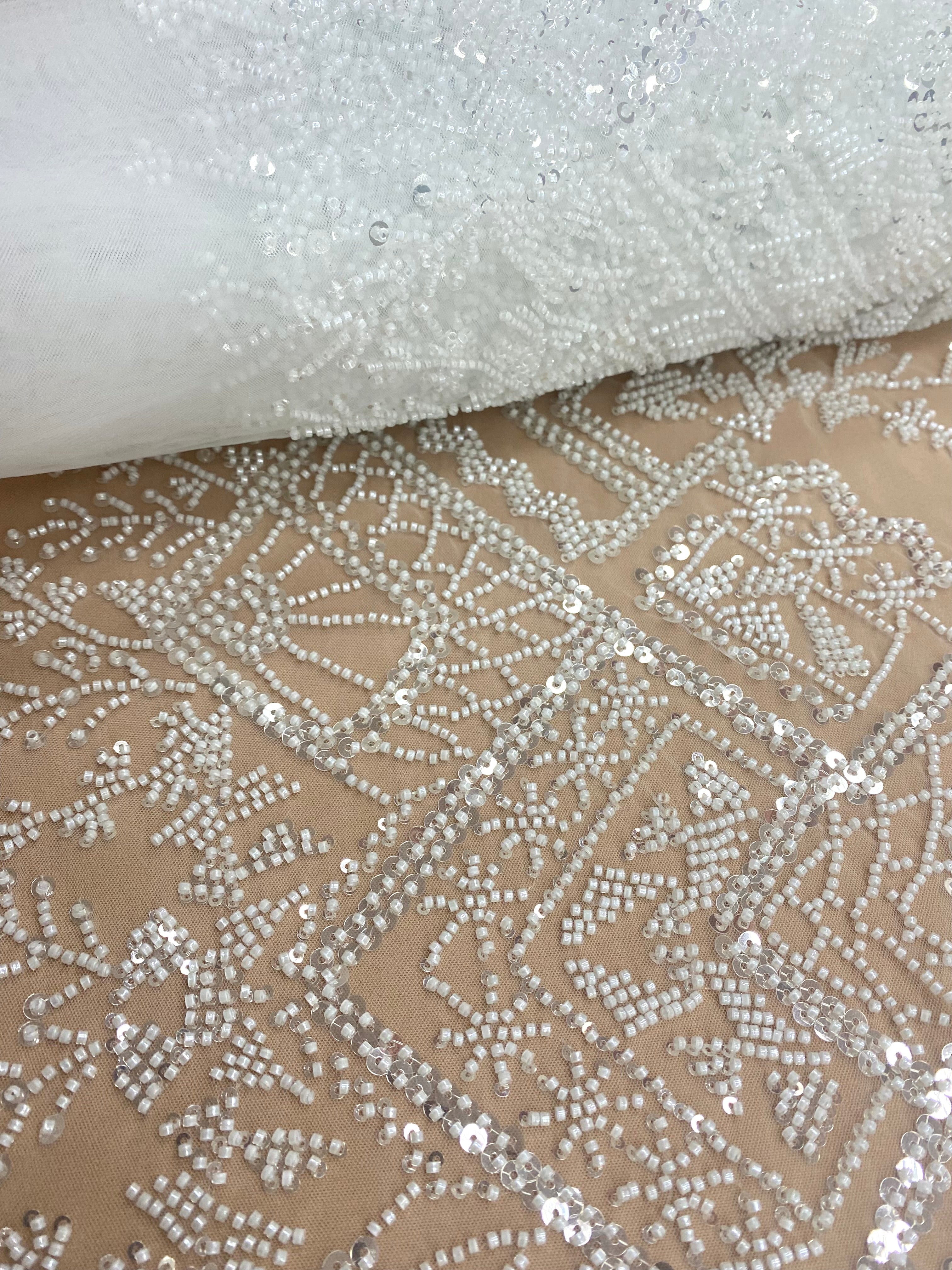 Dantela Couture Ivory cu Model Geometric, cu Margele si Paiete