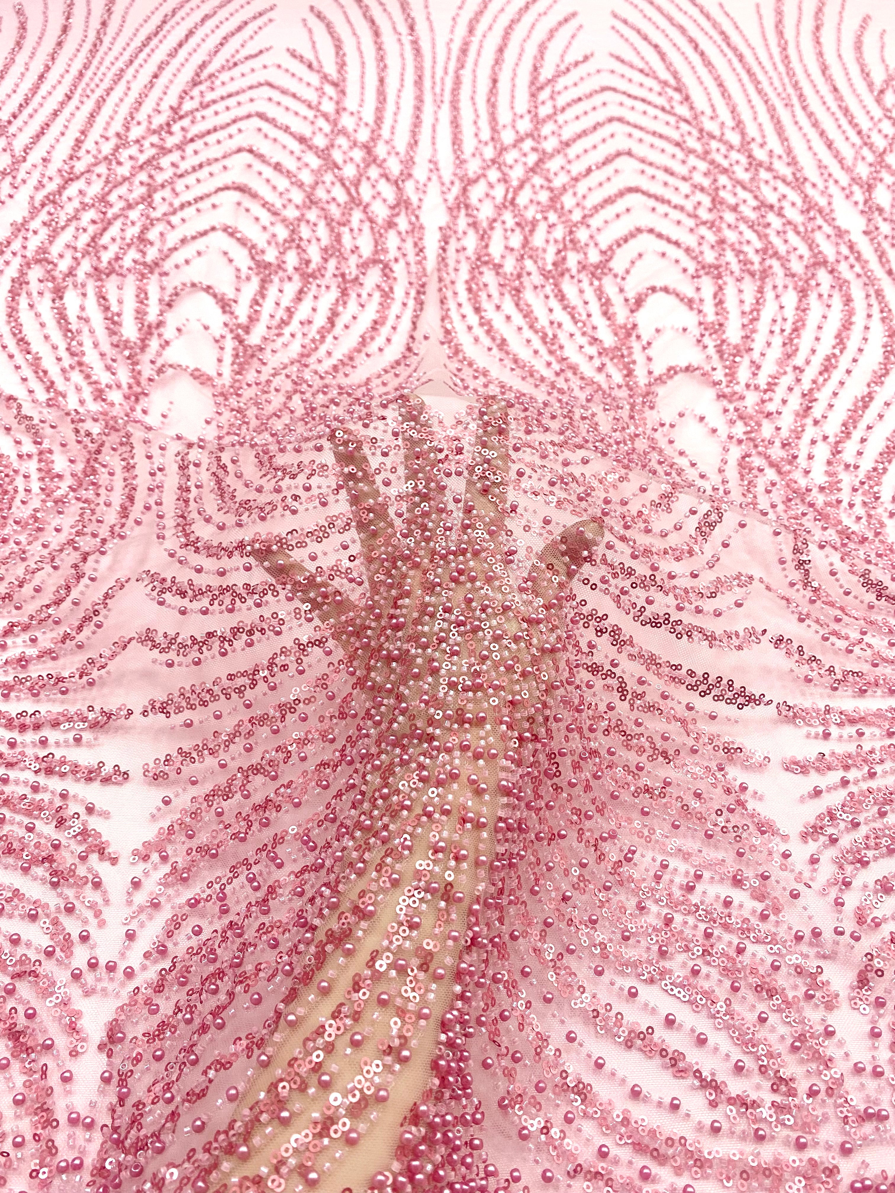 Dantela Couture Roz cu Panou, cu Perle, Margele si Paiete